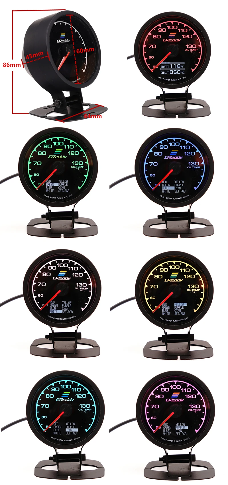 Спидометр GReddi Multi D/A lcd цифровой дисплей температуры масла автомобильный измерительный прибор 2,5 дюймов 62 мм 7 цветов в 1