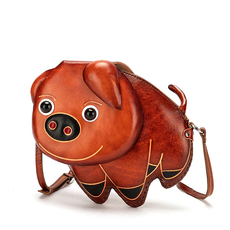 

2021 Real Thick Leather Luxury Designer Women Mini Purse Handbag Ladies Over The Shoulder Satchel Bag Cute Pig 6" Phone Pouch