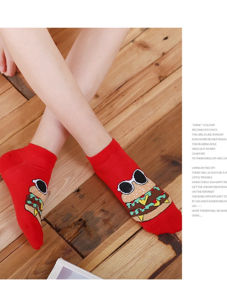 

Food With Sunglasses Socks Short Women Cartoon Burgers Fries Pizza Drinks Cotton Personality Fashion Funny Harajuku Ankle Socks