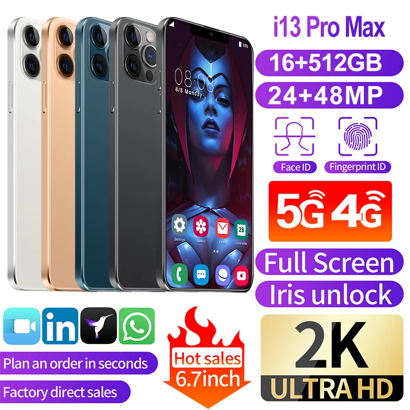 

Smartphone I13 Pro Max Global Version 6.7Inch 5G 4G LTE Cellphone Face ID Real 16GB RAM 512GB ROM Phone 24+48MP 6800mAh