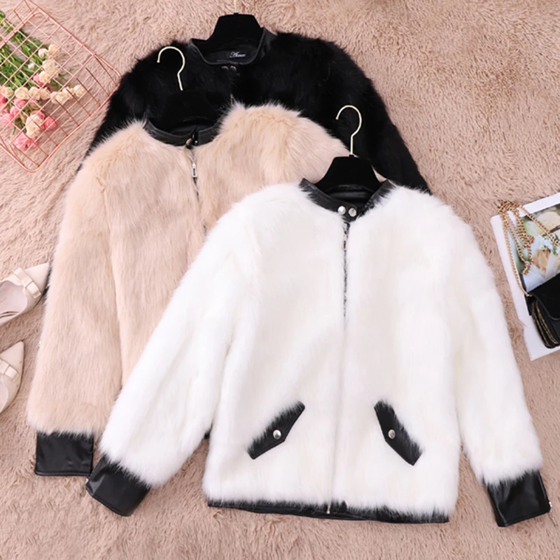 

Lucyever Faux Lamb Fur Thick Warm Women's Coats Patchwork PU Leather Cool Motorcycle Coat Female Metal Zipper Clothes Lady