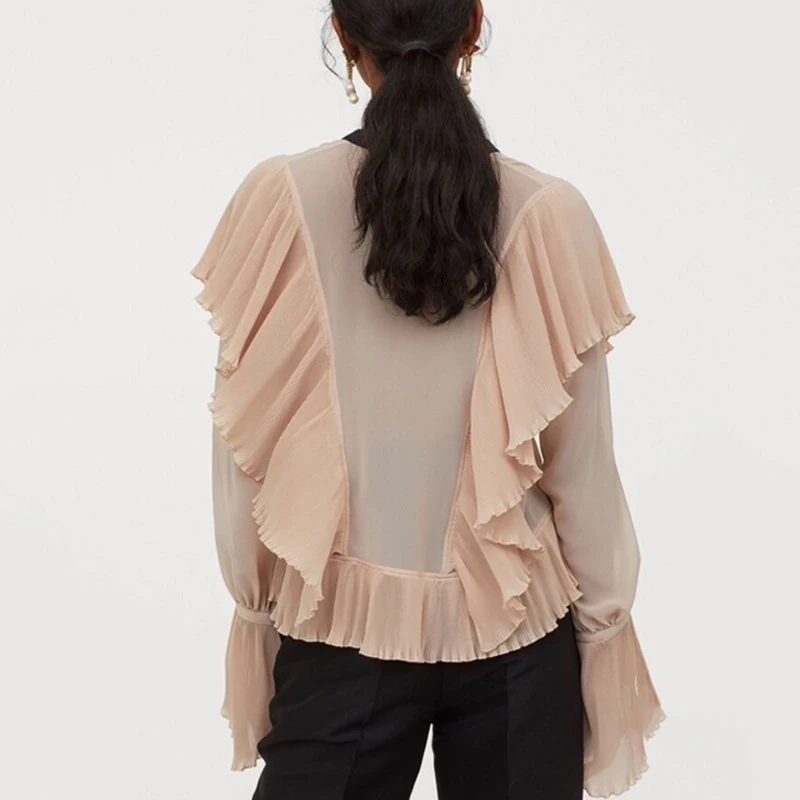 Элегантная Прозрачная женская блузка с V образным вырезом и оборками шифоновая
