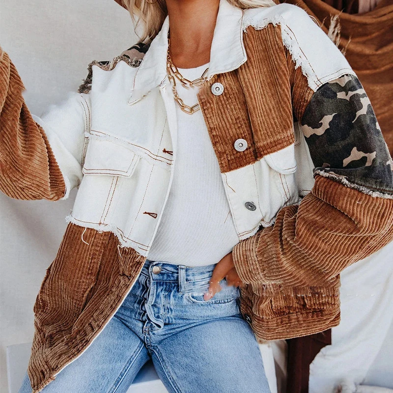 

Turn-dowm Lapel Vintage Camouflage Corduroy Stitching Jacket Patchwork Denim Cowgirl Jackets Women Metal Single Breasted Coats