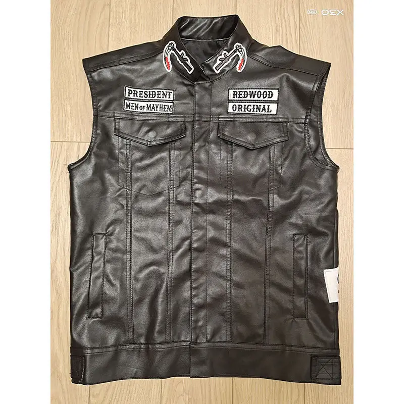 2020 new sons of anarchy embroidery leather rock punk vest cosplay costume black color motorcycle sleeveless vest jacket men free global shipping