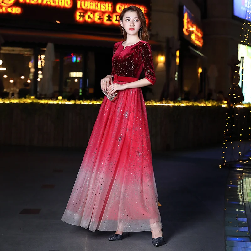 Evening dress fashion round neck bride long section sleeve velvet upper body gradient color 2019 new | Свадьбы и торжества