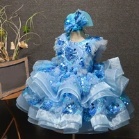 real picture sky blue infant girls first birthday party gowns organza sequined princess new coming christmas clothes photography