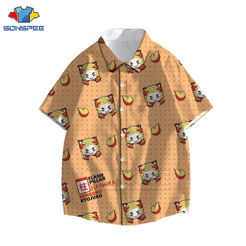 Anime Demon Slayer Rengoku Kyoujurou Shirt 3D Print Cool Cartoon Many Faces Shirt Summer Casual Men's Oversized Hawaiian Shirts