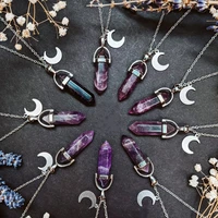 cute boho wicca purple crystal moon crescent pendant necklace natural stone choker gift for women best friends charm wholesale