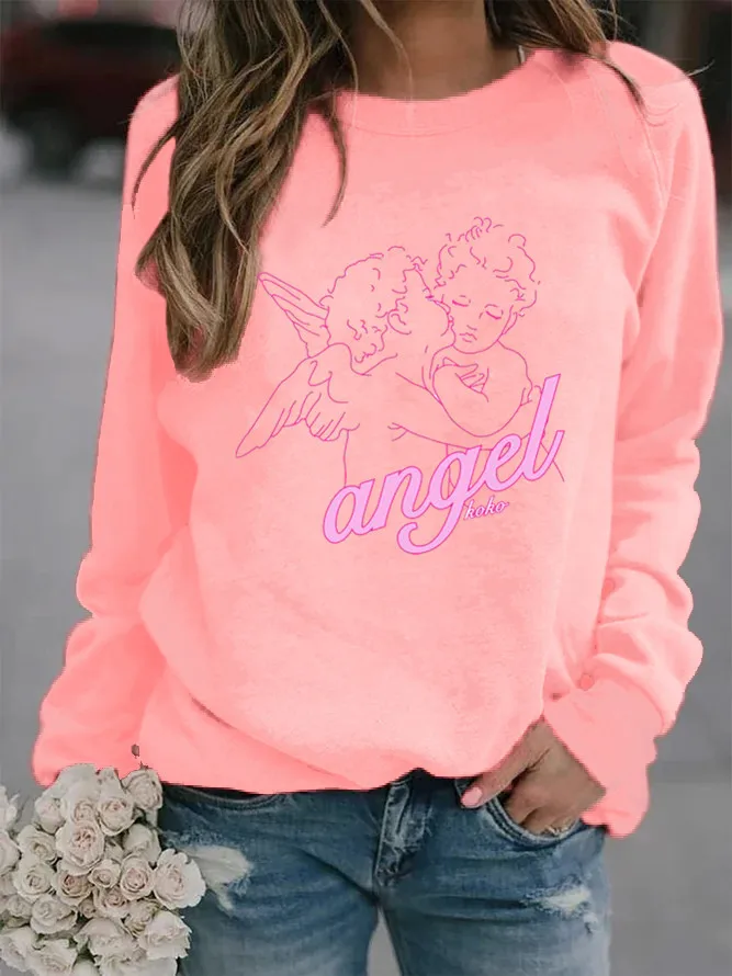 

Angel Printed Hoodies Women Fleece Long Sleeve O Neck Loose Sweatshirt Girls Women Hoodie Pullovers Winter Autumn