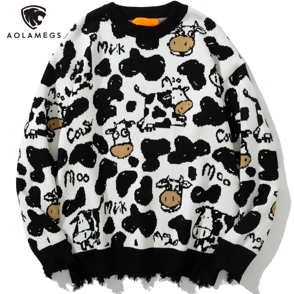 

Aolamegs Sweater Men Cute Cow Embroidery O-Neck Jumpers Otaku College Style All-match Knitted Tops Loose Casual Cozy Streetwear