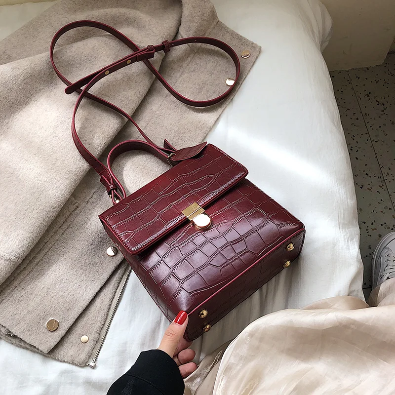 Fuchsia Vintage Fashion Stone pattern Tote bag New High Quality PU Leather Women's Designer Handbag Lock Shoulder Messenger Bag - Цвет: Fuchsia