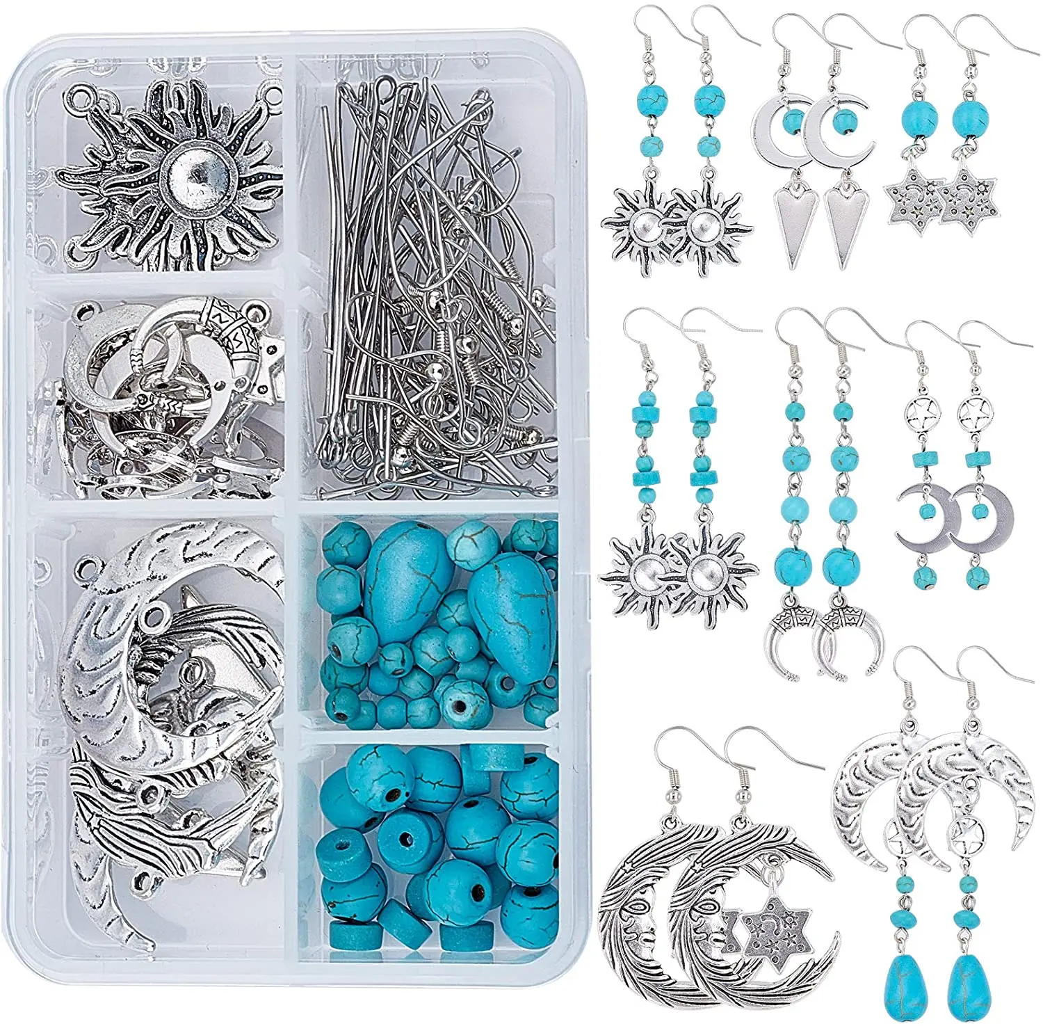 

1 box of DIY 8 pairs of star moon and sun pendant earrings turquoise beads bohemian style small jewelry making kit