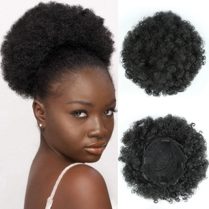 

Kinky Curly Afro High Puff Ponytail Extensions Drawstring Pony Tail Clips in Synthetic Hair Bun Chignon Hairpiece For Women 120g
