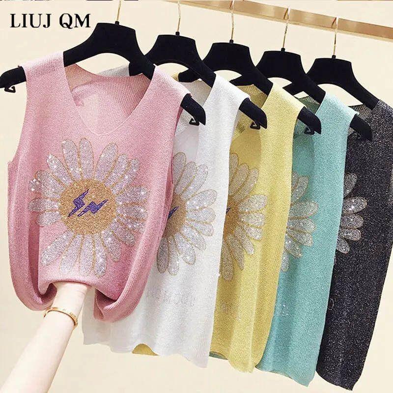 Little Daisy Rhinestone Ice Silk Camisole Top Female 2022 Tops Summer New Korean Loose Bottoming V-neck Tops For Women