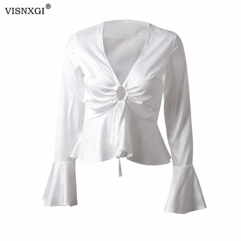 

VISNXGI Women Tops Blouses Shirt Summer Chiffon Hollow Crop Tops New Blouse Shirt V-neck Ruffle Sleeve Office Female Blouses