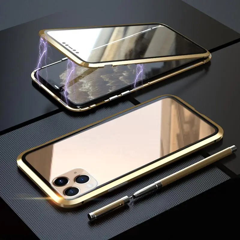 Suntaiho магнитный металлический чехол для iPhone 11 Pro Max XR XS MAX X закаленное стекло с магнитом чехол для iPhone 11 Pro XS чехол для Max XR - Цвет: Gold