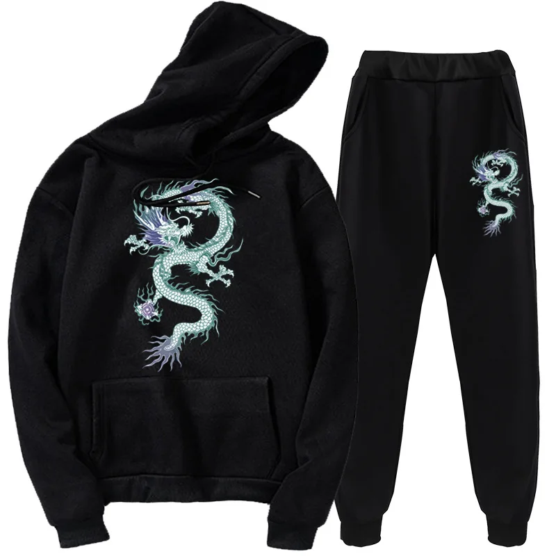 

Street Two-piece Hoodie Retro Female Chinese Dragon Print Hooded Oversize Loose Harajuku Sports Suit Loose Suit Winter Unisex