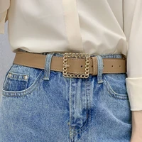 fashion pu belt for women metal hollow square buckle waist strap designer luxury brand female jeans trouser dress waistband
