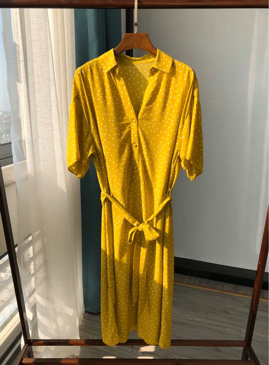 

Yellow Wave Point Half Sleeve V-Neck Dress Simple and Fresh Wave Point Mid-length Dress Women's Dress with Bow