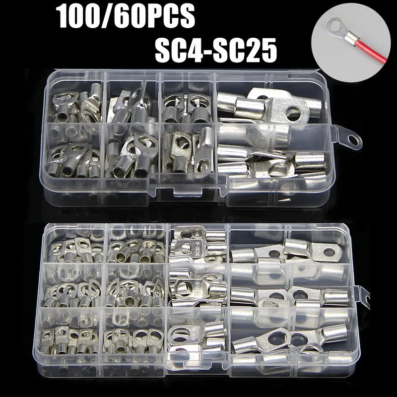 

100/60Pcs Copper Ring Lug Crimp Terminals Tube Lug Ring Seal Battery Wire Connectors Bare Cable Crimped Soldered Terminal SC