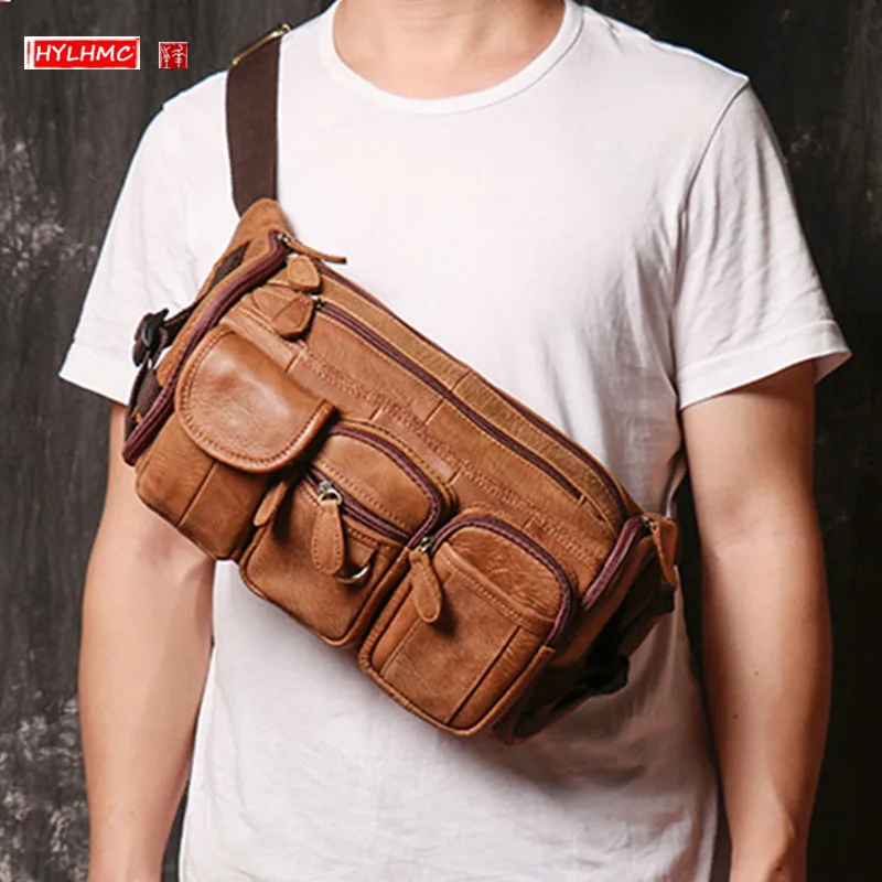 New Genuine Leather Men's Chest Bag Scrub Leather Waist Packs Outdoor Sports Shoulder Bag Multi-Function Messenger Bags