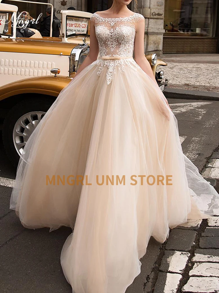 

MNGRL O-neck Sleeveless Luxury Retro Wedding Gown White Lace Sequins Hand Drill Bridal Dresses Backless Tail Wedding Dress