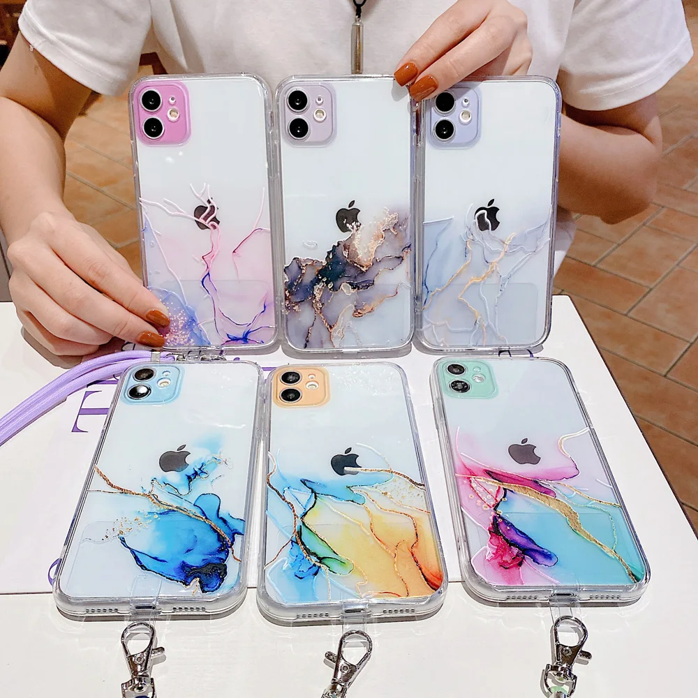 

Transparent Watercolor With Lanyard Phone Case for iPhone 11 12 Pro Max Mini 8 7 6 Plus SE 2020 XR X XS Soft Cases Cover Coque