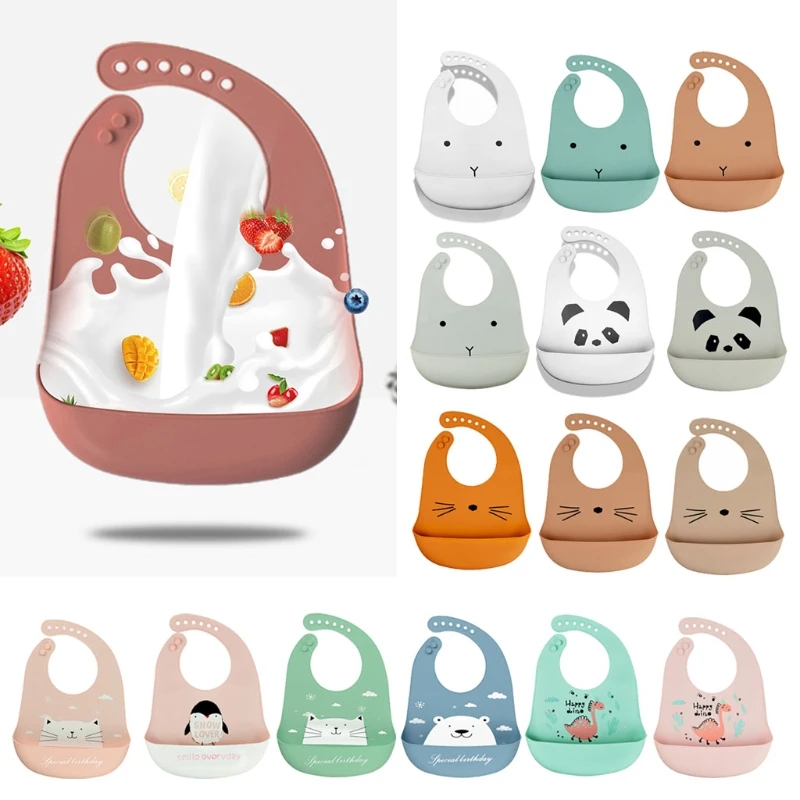 Baberos impermeables de silicona suave con dibujos animados para beb&eacute;, ajustable, receptor de comida para ni&ntilde;o peque&ntilde;o, delantales enrolladas de bolsillo para alimentaci&oacute;n-4