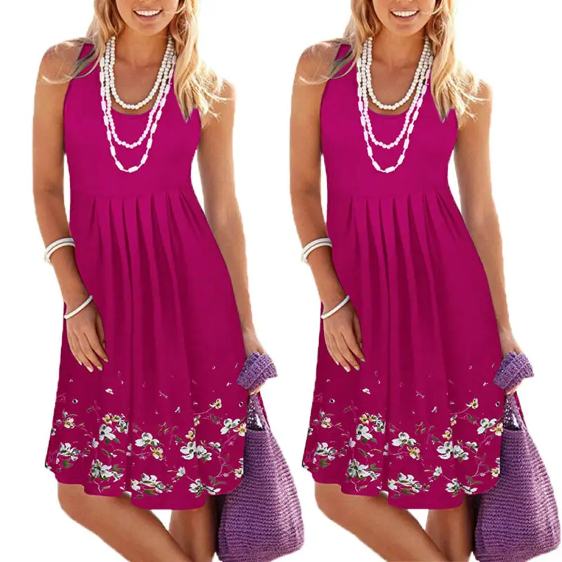 

USA Womens Summer Casual Draped Cotton Vest Sleeveless Empire Waist Floral Print Loose Sundress Beach Loose Dress Tank Top