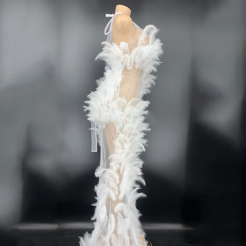 Длинное платье на день рождения Прозрачное стразы с перьями Бандажное певец