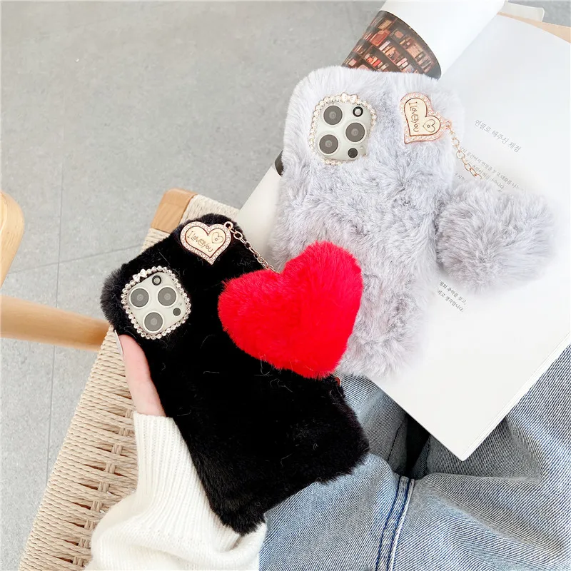 Love Heart Pendant Phone Case For Samsung A51 A71 A12 S21 S20 Note 20 Ultra A02S A32 A42 A52 A72 Rabbit Plush Furry Fluffy Cover