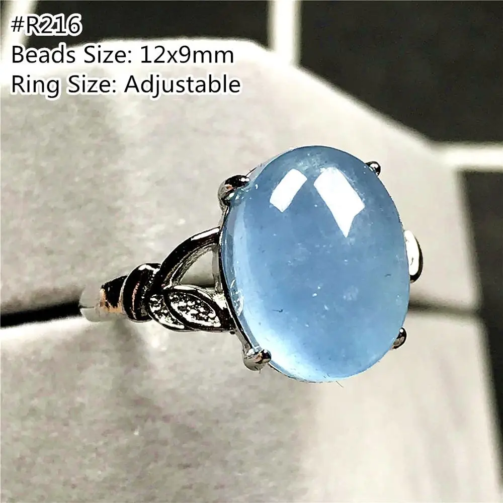 

Genuine Natural Ocean Blue Aquamarine Beads Ring Jewelry For Woman Man 12x8mm Oval Crystal Gemstone Silver Adjustable Ring AAAAA