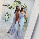 Женское длинное атласное платье-Русалка, привлекательное светло-голубое платье подружки невесты без рукавов, с V-образным вырезом, для свадебной вечеринки, 2021