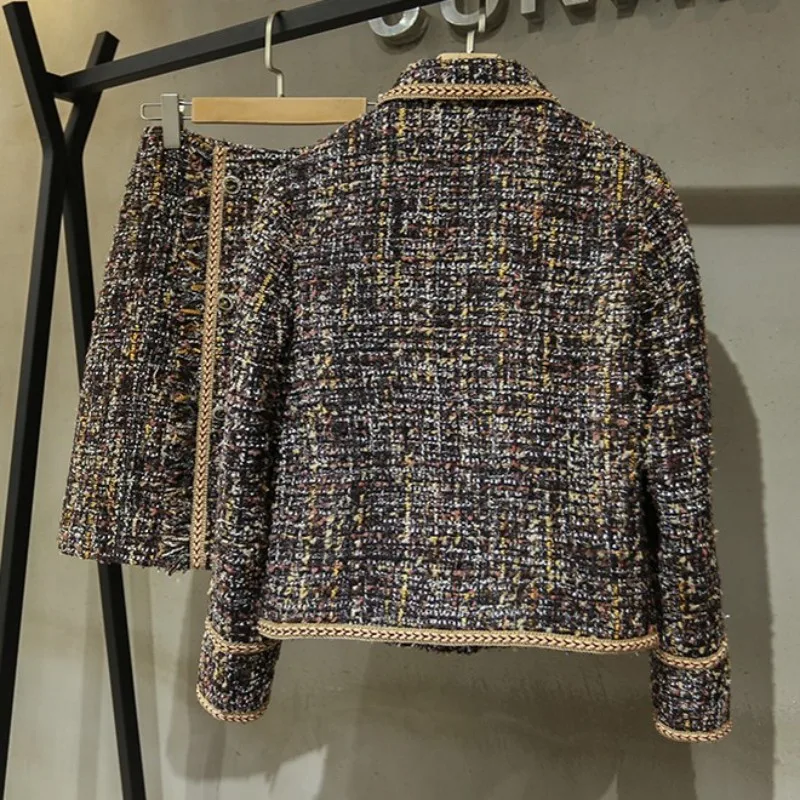Модный осенний твидовый жакет Женский приталенный мини юбка А силуэта комплект