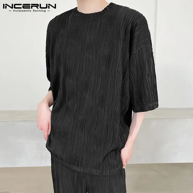 

Топы INCERUN 2022, мужская повседневная Уличная одежда в Корейском стиле, Мужская однотонная подходящая ко всему футболка в полоску с высоким вор...