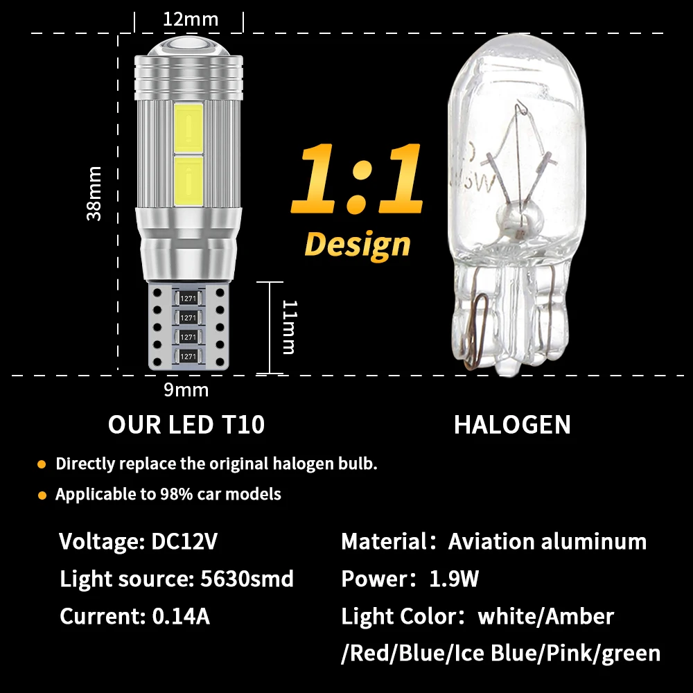 2 шт. светодиодный Автомобильные светодиодные лампы T10 W5W 194 5630 10 SMD 12 В 6000 К |