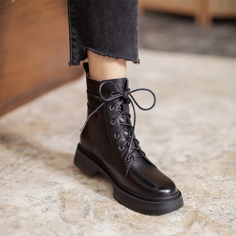 

Женские короткие туфли на шнуровке до щиколотки, черные туфли из натуральной кожи с перекрестной шнуровкой и низким круглым носком, в брита...