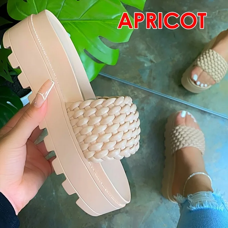 

Summer Outdoor Weaving Slippers Women Platform Wedges Heel Thick Sole Sexy Trend Slides Outside Beach Sandals Ladies Shoes 2021