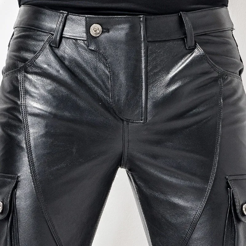 Euro Brand New Motorcycle Mens Cowhide Full Length Trousers Slim Pockets Genuine Leather Windproof Fashion Male Pencil Pants | Мужская