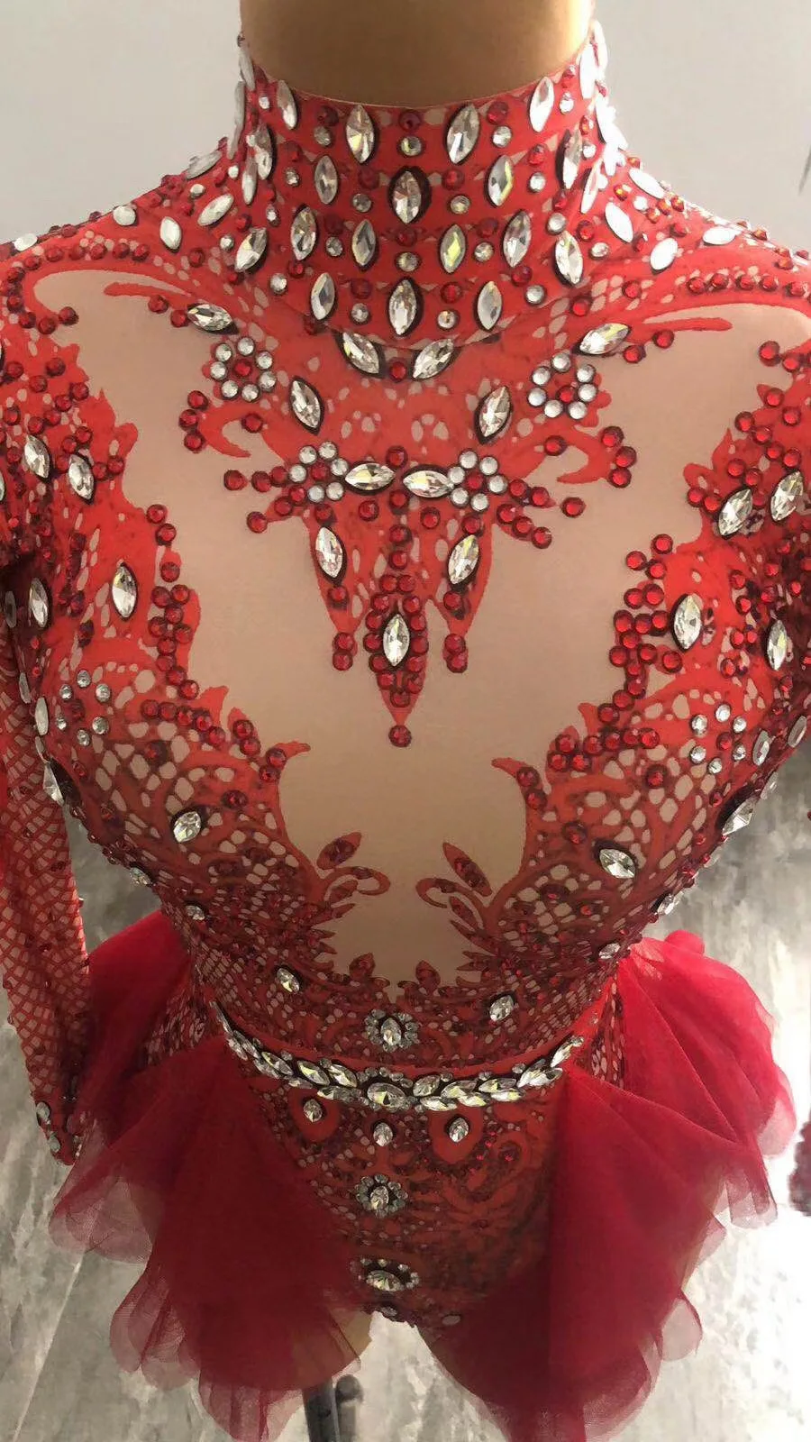 Red Yellow Mesh Sparkly Rhinestones Bodysuit Stretch Sexy DJ Pole Dancing Acrobatic Performance Crystals Leotard Spandex Costume