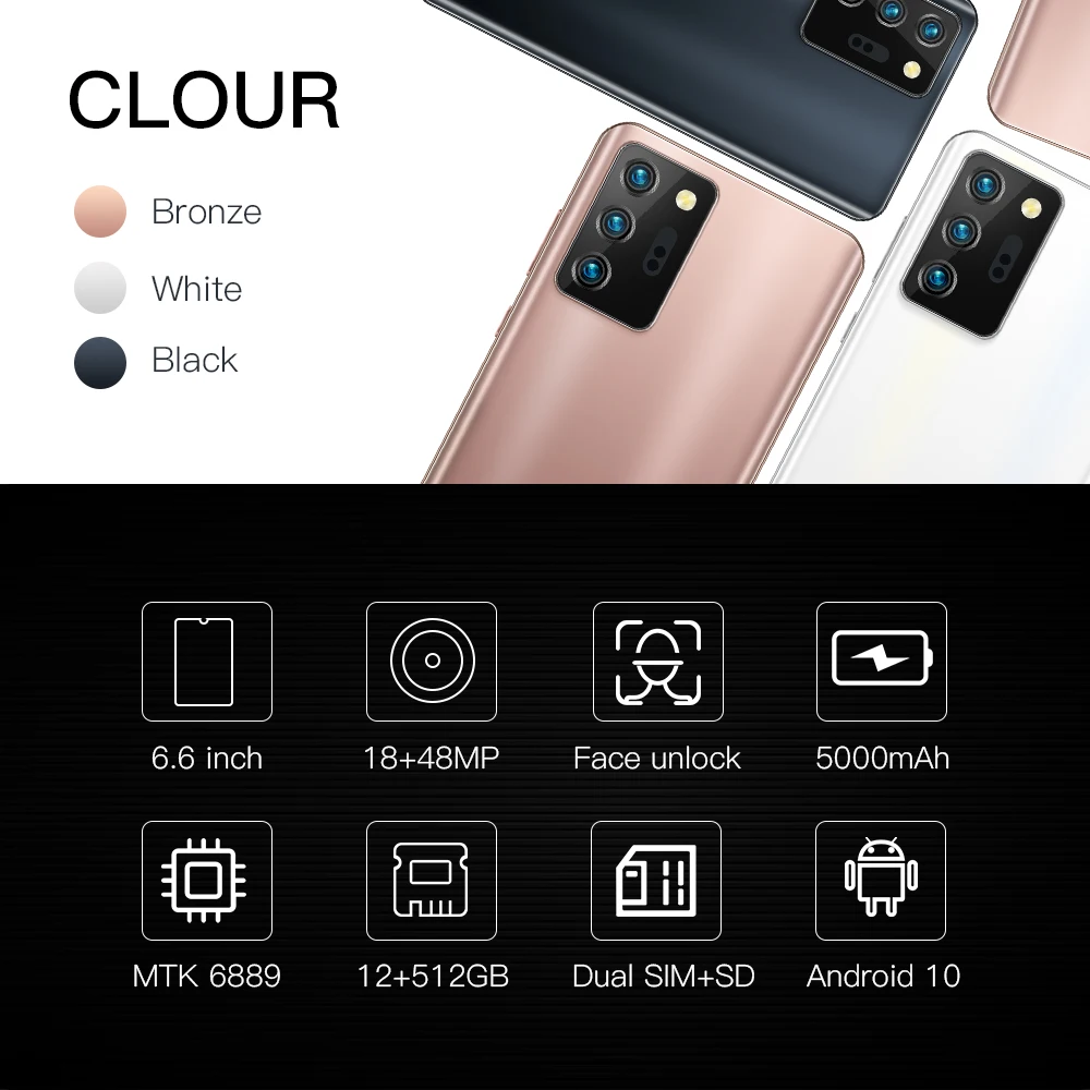 

Note21U Android Smartphones 6.6 Inch 10-Core MTK6889 12+512GB Universal 5G LET Cellphones Dual SIM Mobile Phone Face ID Unlock
