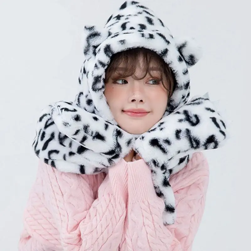 

Leopard Hooded Scarf with Pocket Mittens Fur Cartoon Ears Hood Hat Scarf Lady Earflap Hat Scarf Paw Gloves Set