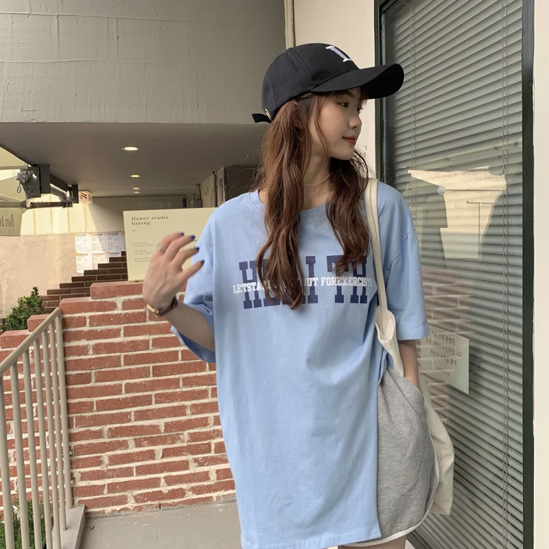 Футболка женская средней длины с коротким рукавом свободная Летняя одежда