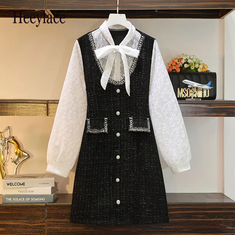 Женское винтажное платье из твида кружевное с длинным рукавом и