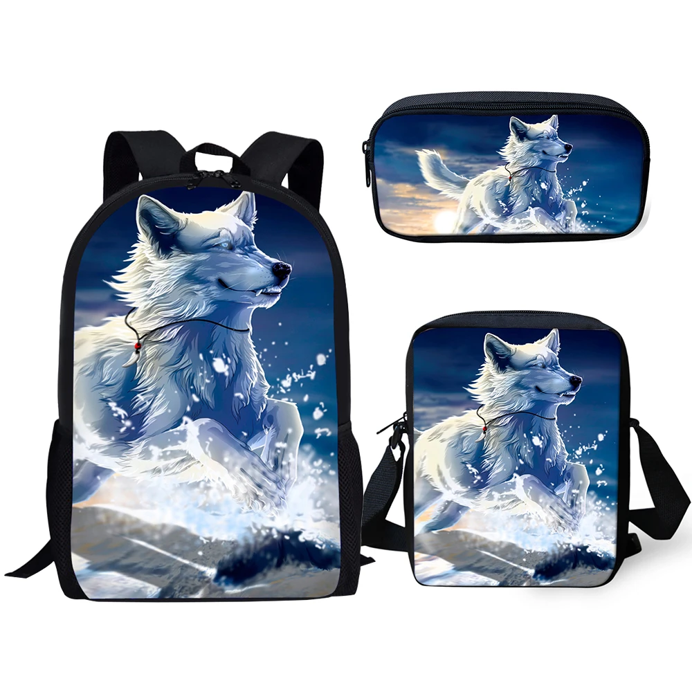 HaoYun Kids Backpacks Set Fantasy Wolf Pattern School Book Bags Cartoon Animal Students 3PCs/Set Backpack/Flaps Bag/Pen Bags