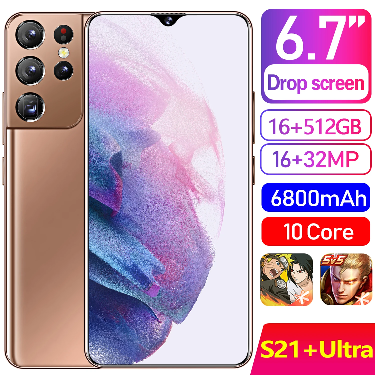 

Смартфон глобальная версия S21 + Ultra 6,7 HD дисплей 1440*3200 16 Мп + 32 МП Премиум пиксели 6800 мАч Быстрая зарядка новейший 10-ядерный телефон