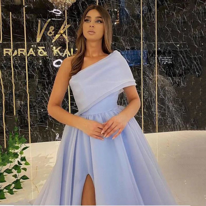 

Sky Blue Organza Formal Evening Dress One Shoulder Sexy Side Split Puff Tulle Long Prom Party Gown Vestidos