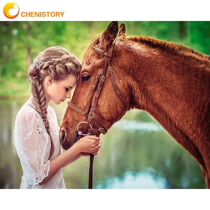 

CHENISTORY Diamond Painting Girl And Horse Rhinestones 5D DIY Diamond Embroidery Sale Portrait Animal Mosaic Home Decor