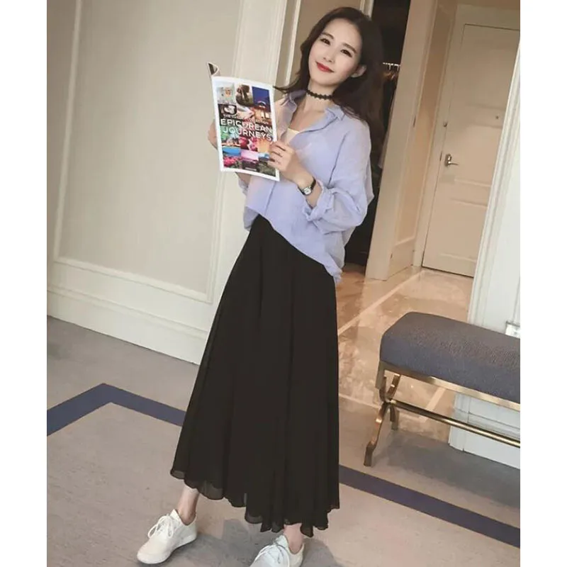 

Women's Skirt 2020 Spring Summer New Elastic High Waist Mid-length Skirts Lady Girl Casual Pink Black Skirt Big Swing Skirt A220