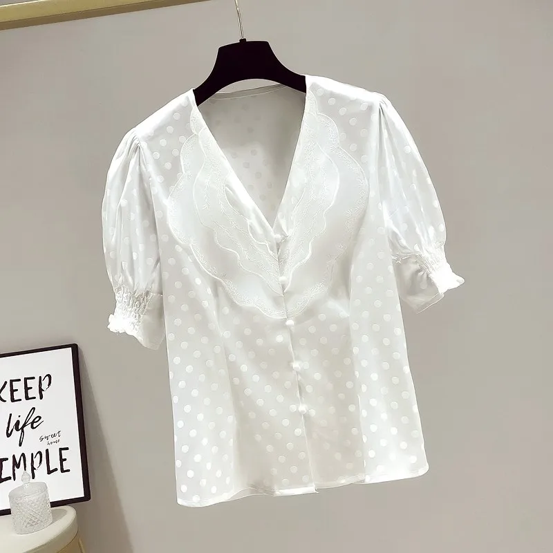 

Women Summer White Casual Shirts New Arrival 2021 Fashion Korean Style V-neck Puff Sleeve Ladies Short Sleeve Elegant Tops W381
